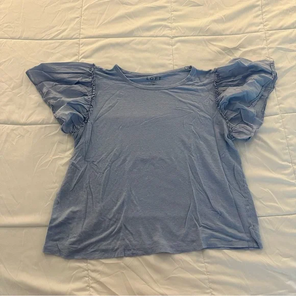 LOFT Mixed Media Flutter Sleeve Soft Linen Top T Shirt in Blue Size L - Picture 2 of 6